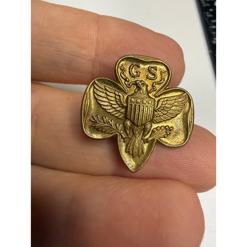 Vintage Girl Scouts Eagle Trefoil Pin Gold Tone GS Logo Collectible Badge